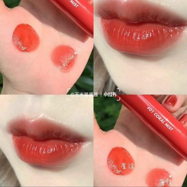 Màu sắc son Romand Glastings Water 01 Coral Mist nhẹ nhàng, quyến rũ
